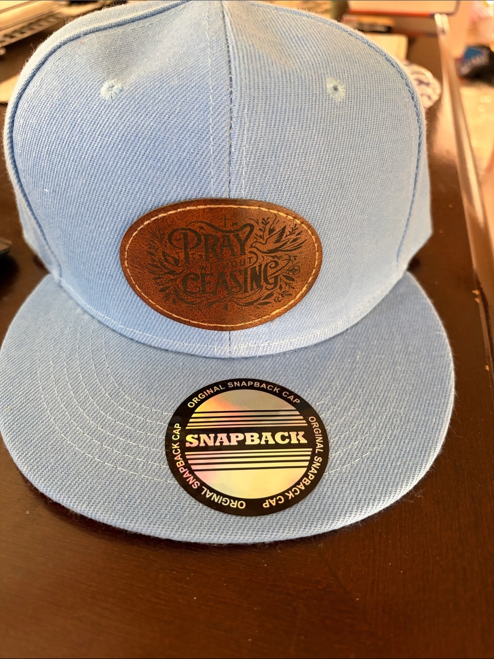 Unisex Light Blue Snapback Hat with Leather Pray without Ceasing Patch